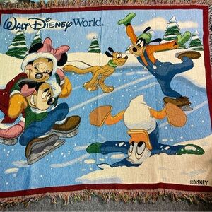 Vintage Y2k Disney World Mickey Mouse Ice Skating Tapestry Throw Blanket 60x50in